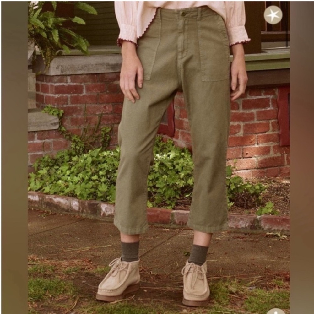THE GREAT. Admiral Pant Army Green Slub Cotton Cropped Utility Trousers Size 25